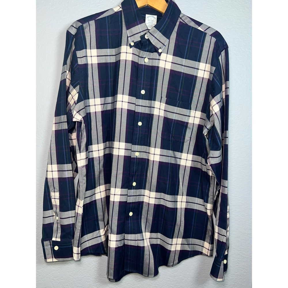 Brooks Brothers Regent Button Down Mens L Navy Purple Plaid Supima Cotton Shirt